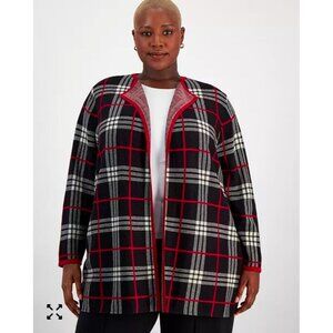 Kasper Womens Open Front Plaid Cardigan Black Multi  Polyester/Rayon Blend